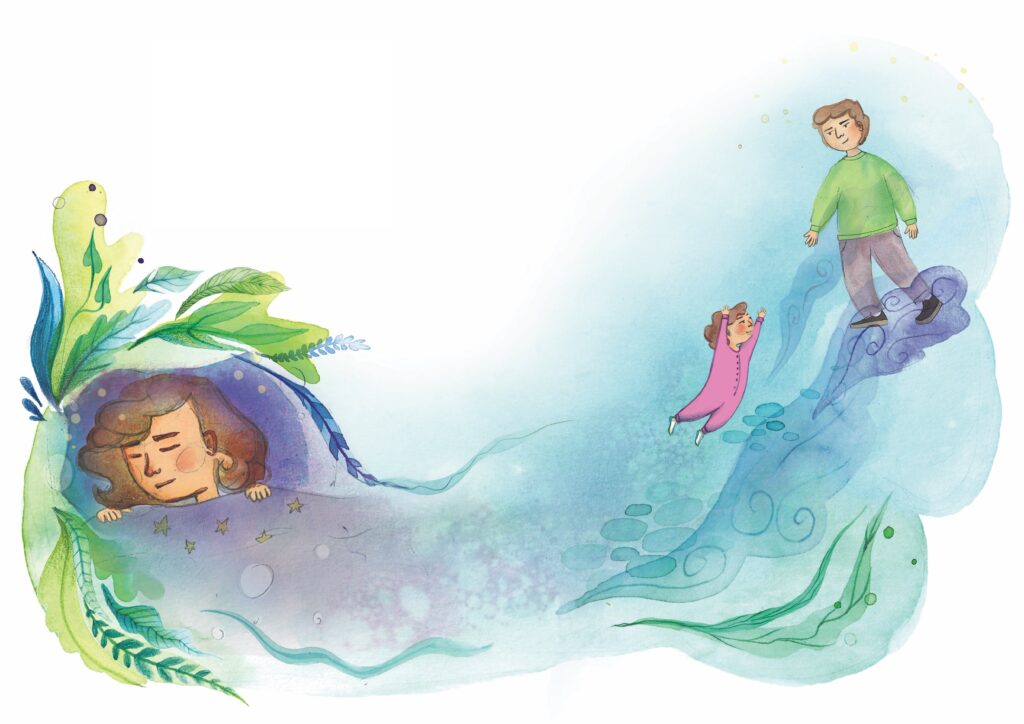 Een aquarel van een klein meisje in een roze pyjama die in haar dromen op bezoek gaat bij haar overleden oom in Sterrenland.