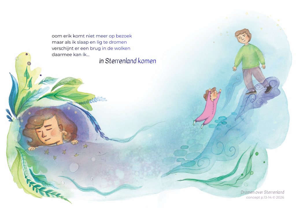 Een aquarel van een klein meisje in een roze pyjama die in haar dromen door de wolken zweeft en op bezoek gaat bij haar overleden oom in Sterrenland.